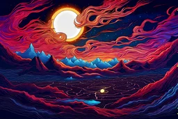 Landscape, night, solar eclipse, vivid colors, disappearance, special aura, detailed, chaotic drawing style