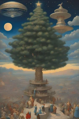 Henry Justice Ford, Jim Burns, Surreal, mysterious, bizarre, fantastic, fantasy, sci-fi, Japanese anime, a gigantic Christmas tree that reaches into the stratosphere, competition for the stars at the top, beautiful girls in miniskirts, gangsters, robots, transparent blue skies, a faint starry sky above them, biplanes, detailed masterpiece bird’s eye view