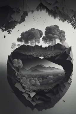 Beautiful landscape with trees, earth opens up and breaks down in black polygons.
