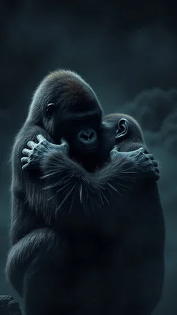 ,surrealism of the dark of a nightmare , hyper photorealistic, hyper detailed bright art color, high resolution, fog, octane render, tilt shift, HDRI Environment, all pictures dark gray, two gorillas in love hugging each others