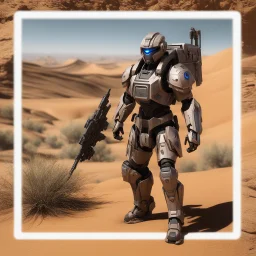 A futuristic humanoid futuristic soldier cyber robot warfcraft aiming in a desert environment. The futuristic Warcraft soldier robot has a military futuristic style, equipped with what appears to be armor plates and carrying a rifle. It wears a backpack and boots. Its head has a futuristic large dark visor, giving it an insect-like appearance. The background is arid with reddish-brown soil and a bright sky, reminiscent of Mars or dry regions on Earth.