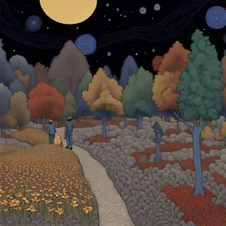 Colourful, peaceful, Egon Schiele, Max Ernst, Vincent Van Gogh, night sky filled with galaxies and stars, people, trees, flowers, one-line drawing, sharp focus, 8k, deep 3d field, intricate, ornate