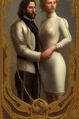 BDSM style, 8K, a Highly detailed portrait of a man holding a submissive woman in the chain, white suit, beard, and short hair