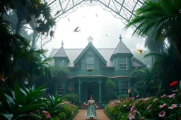 Victorian green open house overtaken by jungle, exotic birds nesting in iron rafters, morning mist, lost paradise atmosphere,a pretty model lady as queen walking in flowers to camera