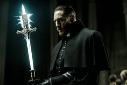 Still frame of Tom Hardy as Father Alexander Anderson from the live action "Hellsing" movie based on the anime of the same name. He is throwing glowing daggers