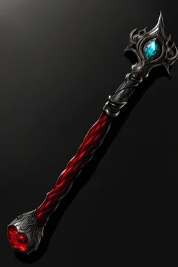 A sorceress evil staff that is a mix colors of red and black crystals and sharp