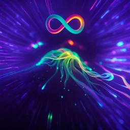 infinity symbol ∞ with vibrant single Bioluminescent Plankton in water, striking, neon, chiaroscuro, dramatic, captivating, powerful, fantasy, beautiful, octane render, 16k post-production, artstation: award-winning: atmospheric: commanding: fantastical: clarity: ultra quality: striking: brilliance: stunning colors: amazing depth; lens: f/11, 35mm