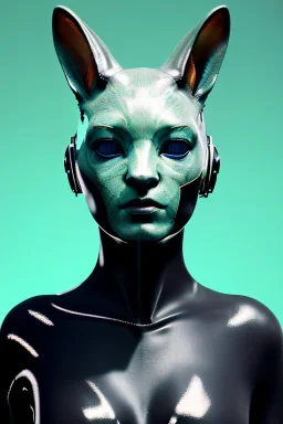 Medium Close Up Portrait, Front image. cyberpunk, rabbit mask, us woman, white short hair. latex, glossy suit. Yellow, black, red, color. Star Wars style. Color background, photo studio. Avatar image, highly detailed, concept art, smooth, unreal engine 5, god rays, ray tracing, RTX, lumen lighting, ultra detail, volumetric lighting, 3d, finely drawn, high definition, high resolution.