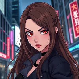 A striking headshot of a woman with long, flowing brown hair and captivating red eyes, embodying a 'bad girl' vibe. Her fierce expression suggests confidence and rebellion. Set against a modern urban backdrop with sleek buildings and neon lights, the image is intricately detailed, showcasing her features in a realistic anime style, blending elements of contemporary fashion and an edgy attitude.