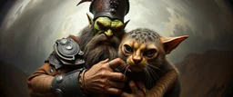 pin hole camera picture, master oil painting by Rembrandt, fantasy orc soldier holding and petting a big ugly cat gremlin