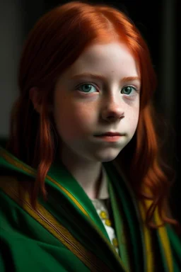 A 12 years old girl with red hair and green eyes and she is wearing a Hogwarts robe