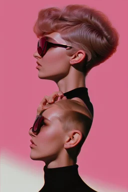 Front profile all body photography, in front of black wall, a punk 80's british model woman with 50's haircut, in a pink turtleneck dress and large sunglasses, 80 degree view, art by sergio lopez, natalie shau, james jean and salvador dali, and a glass of red wine in his hand Front profile all body photography, in front of black wall, a punk 80's british model woman with 50's haircut, in a pink turtleneck dress and large sunglasses, 80 degree view, art by sergio lopez, natalie shau, james jean a