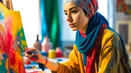 A young, Middle Eastern female artist in a vibrant, sunlit studio, wearing paint-splattered overalls and a colorful headscarf, working on a large canvas with passion.