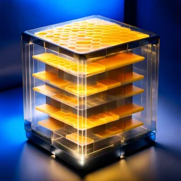 a futuristic translucent neurocube, inside the cube there are partitions made of honeycomb plates