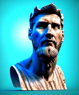 Ultra Realistic image, roman sculpture, marble deluxe material, Lionel Messi, Laurel leaves crown model, miguel angel style, chisel style,wide stripes of light blue and white paint, emperador, waist up portrait, cinematic lighting, God light, god rays, 4k resolution, smooth details, ornate details, soft lighting, unreal engine 5, sky background.