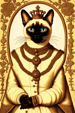 Prompt: the real awesome Siamese Cat queen in regals wearing reading glasses portrait 1600s