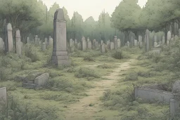 clearing, grave yard, forest,overgrown, post-apocalyptic, comic book,