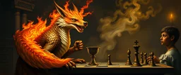 portrait painted by Rembrandt, stupid looking fire breathing dragon fox at banquet, big chalice, all pieces on a board game