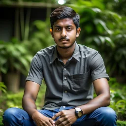 an 24 year old indian man, oval face, light skin, wearing shirt and jeans, sitting in a garden, peaceful, front face portrait, short hair, muscular and fit, handsome