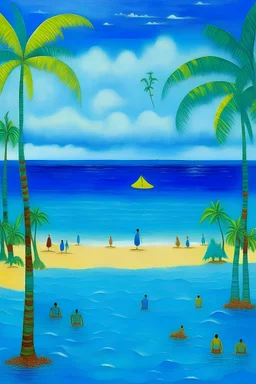 A blue beach with Hawaiian tikis painted by Georges Seurat