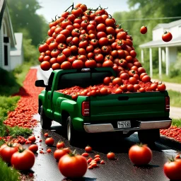 Create a picture of crates of tomatoes falling from a green pickup truck driving down a country road, the tomatoes are scattered on the road and on the sides of the road and create a spectacular red carpet of tomatoes, tomato paste and a splatter of tomatoes