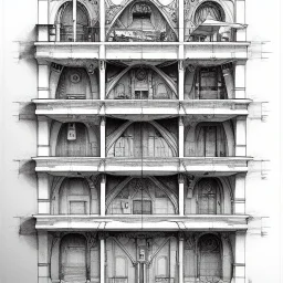 Details building cross section, interior croquis, building interior architecture from external ,building cross section,colourful detailed room+Book illustration by , Jean Baptiste Monge, strong lines, high contrast vibrant colors, highly detailed, 16k resolution, trending on behance