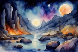 rocks, mountains, sci-fi, new age and trascendent influence, fantasy, night, watercolor paintings