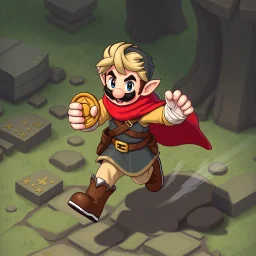 Male Fantasy RPG character, chaabi kawaii mario proportions, lord of the rings inspiration, with a coin held out in front, in a bounding run, isometric game