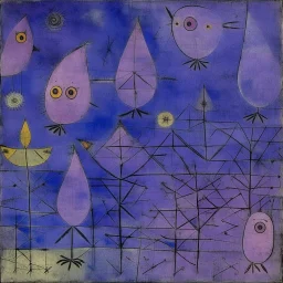 A violet outer space with alien birds painted by Paul Klee