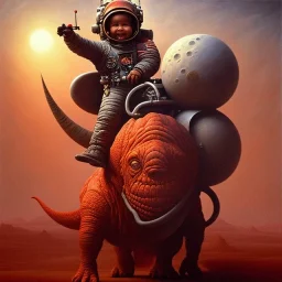 1yo little boy is on safari on the moon. riding on the red dinosaur. he has big and a funny hat. High detailed. Cinematic. oil on canvas painting. Warm lights. beksinski