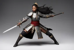 a female medieval warrior embodies the essence of grace and power. She adopts a stance akin to the Japanese Mahami No Nekoashi Dachi, known as Kokutso Dachi, moving with precision and fluidity. With legs bent and poised in a squatting position, she stretches out her arms in a striking display of readiness. One arm extends forward, firmly gripping her sword with determination, while the other arm reaches backward, poised for a swift and calculated strike. As she takes on this formidable stance, t