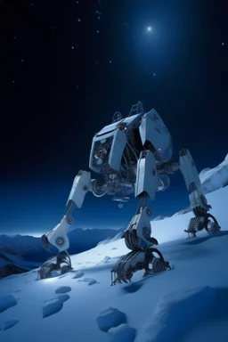 eight legged mechanical walker scaling a very steep snow covered side of mout everest at night, it has a smooth surface, it has storage pods on its belly human can fit in the pods