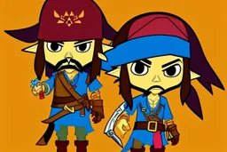 Cartoony Captain Jack Sparrow, showing his cool expensive wrist watch, Legend Of Zelda: Wind Waker style, stylized, colorful, adventurous.