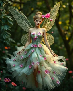 Gorgeous Digital Photography Realistic full body dress steampunk classic pixie flowers with a resemblance to Beautiful woman Tinkerbell on flying, beauty sharp contrast colors,jungles background,digital fantasy art