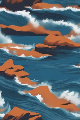 Minimalist illustration bohomein The waves of the blue sea are falling on the shore of the sea, wall art, vibrant colour background