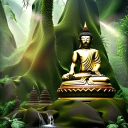 Buddha in a jungle, hyper realistic, photography, rays, amazing lighting