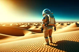 Digital Art, Digital Masterpiece, High Definition, Colorful, Natural Illumination, Spotlight, Day light, (1 small man:2.5), (Astronaut costume:3),(Desert dunes:2), realistic, action film style