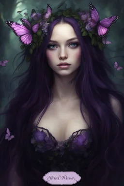 Purple long hair Dark Fairy princess queen crown no hand butterflies dragonflies fireflies flowers fairy wings