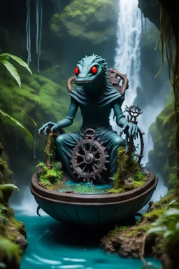 action figure of an electric eel necromancer on round swamp boat beholder eye wheel throne in foggy jungle waterfall