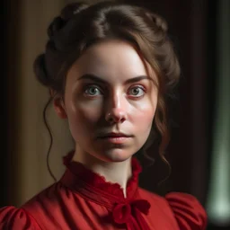young woman with brown hair in victorian style wearing a red historical dress bruises under her eyes and gentle and kind face