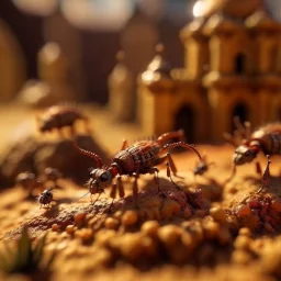 macro photo of ants in castle in the desert, photo-realistic, shot on Hasselblad h6d-400c, zeiss prime lens, bokeh like f/0.8, tilt-shift lens 8k, high detail, smooth render, down-light, unreal engine, downlight