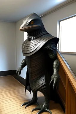 male lizard with jet-black skin, eyes like faceted crystal, wearing full leather armor, a black cloak and a full mask