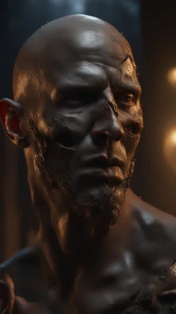 Busch painting style nightmare, a zoomed side view of a man his head is a broken metallic skin texture in a 3d rendering full-height image of a grim and dark scene. Ensure the final images exhibit the utmost quality, encompassing 4K, 8K, and 64K resolutions, with 3D rendering that manifests in photorealistic, hyperrealistic, and highly detailed representations. Employ techniques such as HDR, UHD,