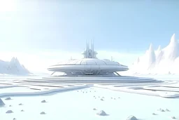 wide shot of big futuristic base without floor on white planet