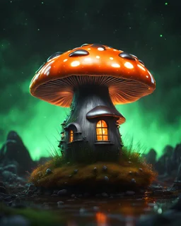 A solitary floating mushroom house on a clear night. silver and green and orange, Dark cosmic interstellar. Detailed Matte Painting, deep color, fantastical, intricate detail, splash screen, hyperdetailed, insane depth, concept art, 8k resolution, trending on Artstation, Unreal Engine 5, color depth, backlit, splash art, dramatic, High Quality Whimsical Fun Imaginative Bubbly, perfect composition