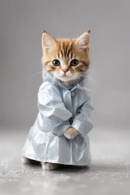 baby cat in raincoat. Chibi, Photograph, Canon DSLR, Tilt - shift, white background, high definition, Complete and coordinated composition, 8k