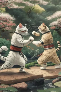 martial artist cats fighting in a Japanese garden