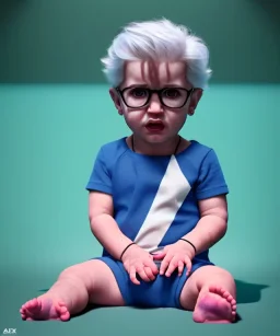 Pedro almodovar toddler, full body, white hair, diagonal shirt, dramatic lighting, hyper realistic