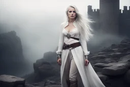 she has ethereal beauty amidst the mist-shrouded ruins of a stone castle. Her pale skin and white hair shimmered like moonlight. Clad in a white tunic, brown pants, and a leather belt with mysterious pouches, she stands, her silver dagger in hand, in the desolate landscape. her leather bracelets and corset, like a second skin of dark magic, witnesses of the countless battles she won