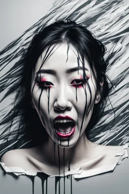 paper portrait of Goth Asian woman, lying pose, face distorted with pain, reverse colors, screaming, tears streaming from eyes, glitchcore, horror, ultra realist texture,